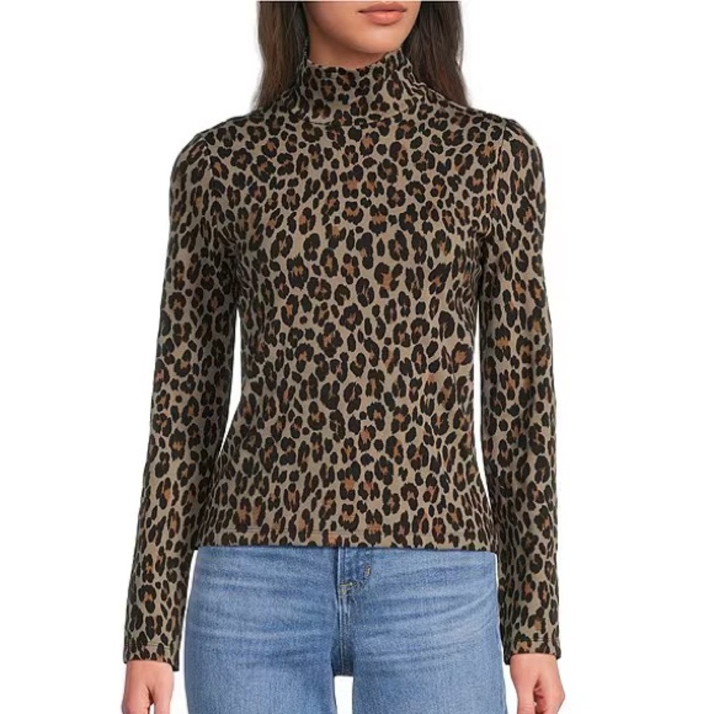 J. Crew Black and Tan Leopard-Print Long Sleeve Turtleneck